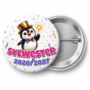 Przypinka Sylwester Pingwin w Cylindrze: przypinka na Sylwestra z napisem Sylwester oraz polem rok (np. 2026/2027) – przód i aluminiowy tył z agrafką