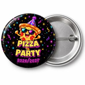 Przypinka Sylwester Pizza Party: przypinka na Sylwestra z napisem Pizza Party oraz polem rok (np. 2026/2027) – przód i aluminiowy tył z agrafką