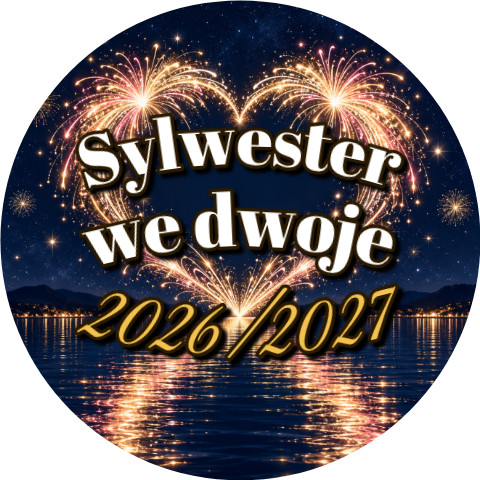 Wzór: Przypinka Sylwester Serce z Fajerwerków – napis Sylwester we dwoje i pole rok na sylwestrowej grafice