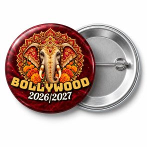 Przypinka Sylwester w Stylu Bollywood: przypinka na Sylwestra z napisem Bollywood oraz polem rok (np. 2026/2027) – przód i aluminiowy tył z agrafką