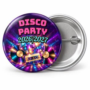 Przypinka Sylwester w Stylu Disco: przypinka na Sylwestra z napisem Disco Party oraz polem rok (np. 2026/2027) – przód i aluminiowy tył z agrafką