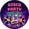 Wzór: Przypinka Sylwester w Stylu Disco – napis Disco Party i pole rok na sylwestrowej grafice