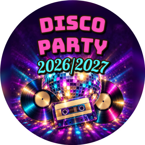 Wzór: Przypinka Sylwester w Stylu Disco – napis Disco Party i pole rok na sylwestrowej grafice