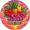 Wzór: Przypinka Sylwester w Stylu Hawajskim – napis Aloha i pole rok na sylwestrowej grafice