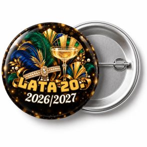 Przypinka Sylwester w Stylu Lat 20: przypinka na Sylwestra z napisem Lata 20. oraz polem rok (np. 2026/2027) – przód i aluminiowy tył z agrafką
