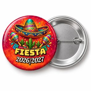 Przypinka Sylwester w Stylu Meksykańskim: przypinka na Sylwestra z napisem Fiesta oraz polem rok (np. 2026/2027) – przód i aluminiowy tył z agrafką