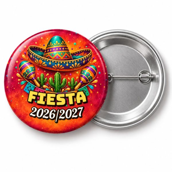 Przypinka Sylwester w Stylu Meksykańskim: przypinka na Sylwestra z napisem Fiesta oraz polem rok (np. 2026/2027) – przód i aluminiowy tył z agrafką