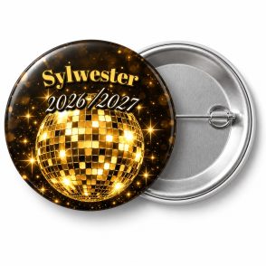 Przypinka Sylwester Złota Kula Disco: przypinka na Sylwestra z napisem Sylwester oraz polem rok (np. 2026/2027) – przód i aluminiowy tył z agrafką