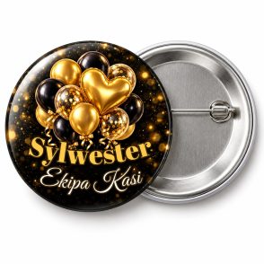Przypinka Sylwester Złote Balony z Ekipą: przypinka na Sylwestra z napisem Sylwester oraz polem ekipa (np. Ekipa Kasi) – przód i aluminiowy tył z agrafką
