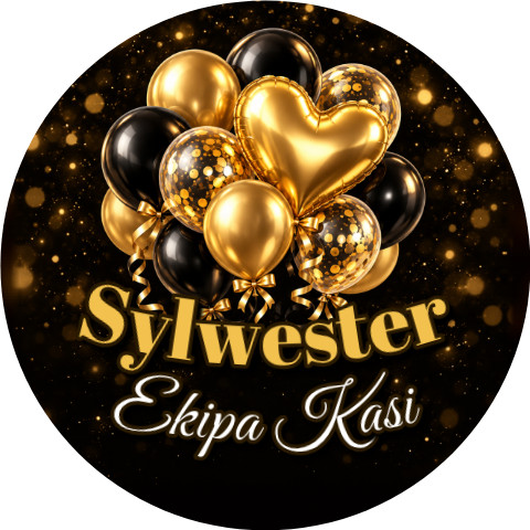 Wzór: Przypinka Sylwester Złote Balony z Ekipą – napis Sylwester i pole ekipa na sylwestrowej grafice