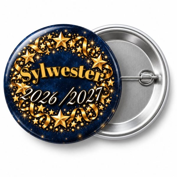 Przypinka Sylwester Złote Gwiazdy: przypinka na Sylwestra z napisem Sylwester oraz polem rok (np. 2026/2027) – przód i aluminiowy tył z agrafką