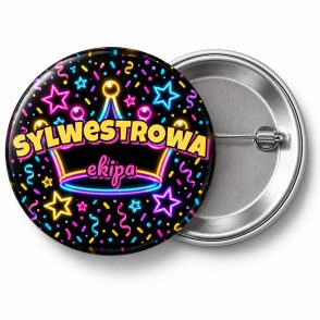 Przypinka Sylwestrowa Ekipa: przypinka na Sylwestra z napisem Sylwestrowa ekipa – przód i aluminiowy tył z agrafką