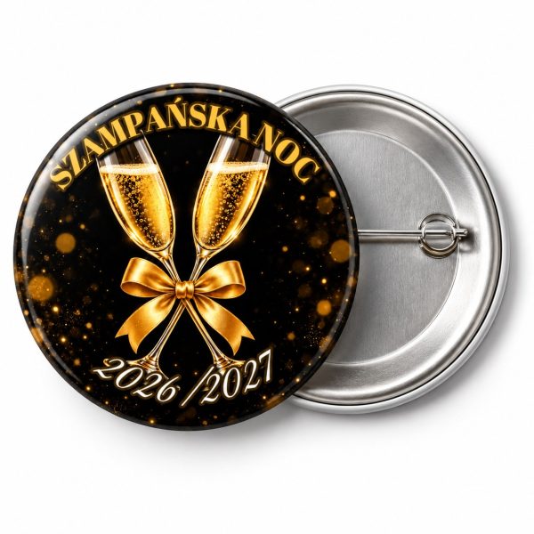 Przypinka Szampańska Noc Emblemat: przypinka na Sylwestra z napisem SZAMPAŃSKA NOC oraz polem rok (np. 2026/2027) – przód i aluminiowy tył z agrafką
