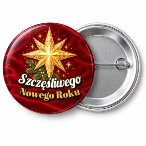 Przypinka Szczęśliwego Nowego Roku Gwiazda: przypinka na Orszak Trzech Króli z napisem Szczęśliwego Nowego Roku – przód i aluminiowy tył z agrafką