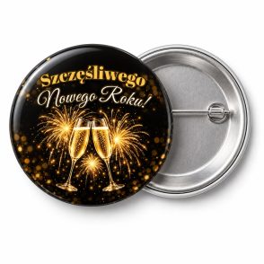 Przypinka Szczęśliwego Nowego Roku Złoty: przypinka na Sylwestra z napisem Szczęśliwego Nowego Roku! – przód i aluminiowy tył z agrafką