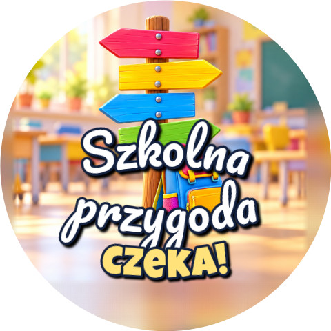 Wzór: Przypinka Szkolna Przygoda Czeka Drogowskaz – grafika z napisem Szkolna przygoda czeka!