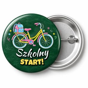 Przypinka Szkolny Start Kredowy Rower: przypinka na pasowanie pierwszoklasisty z napisem Szkolny start! – przód i aluminiowy tył z agrafką