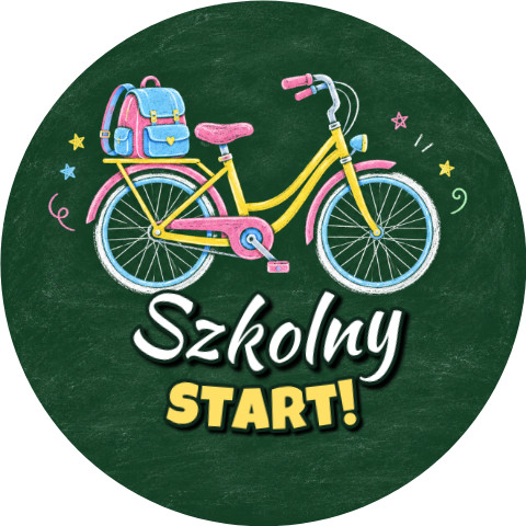 Wzór: Przypinka Szkolny Start Kredowy Rower – grafika z napisem Szkolny start!