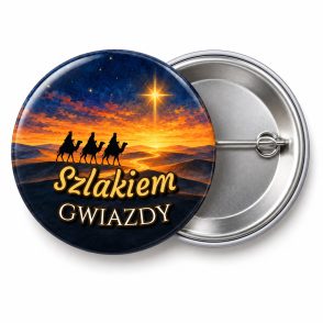 Przypinka Szlakiem Gwiazdy: przypinka na Orszak Trzech Króli z napisem Szlakiem gwiazdy – przód i aluminiowy tył z agrafką