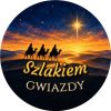 Wzór: Przypinka Szlakiem Gwiazdy – grafika z napisem Szlakiem gwiazdy