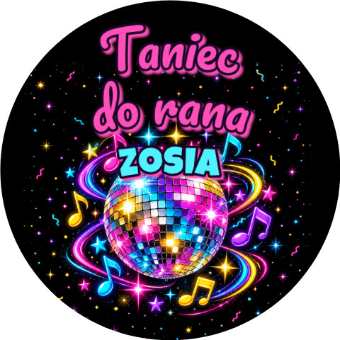 Wzór: Przypinka Taniec do Rana z Imieniem – napis Taniec do rana i pole imię na sylwestrowej grafice