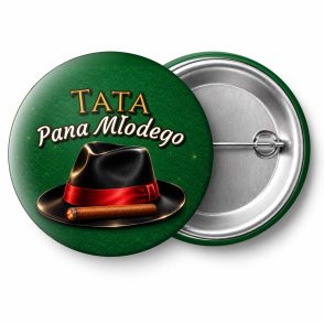 Przypinka Tata Pana Młodego Fedora i Cygaro: przypinka na wieczór kawalerski z napisem Tata Pana Młodego – przód i aluminiowy tył z agrafką