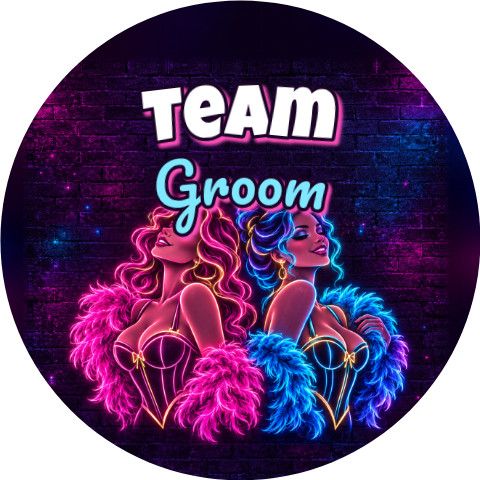 Wzór: Przypinka Team Groom Dwie Tancerki Burleski – grafika z napisem Team Groom