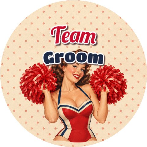 Wzór: Przypinka Team Groom Pin-up Cheerleaderka – grafika z napisem Team Groom