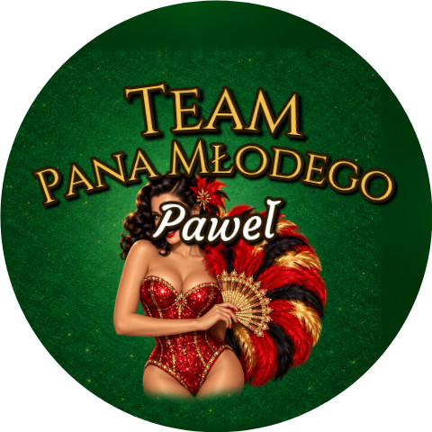 Wzór: Przypinka Team Pana Młodego z Imieniem Showgirl z Wachlarzem – napis Team Pana Młodego i pole imię pana młodego