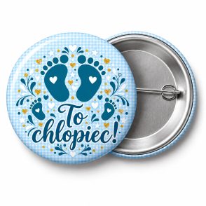 Przypinka To Chłopiec: kolorowa przypinka na baby shower z napisem To chłopiec! – przód i aluminiowy tył z agrafką