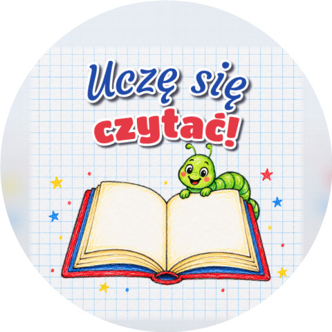 Wzór: Przypinka Uczę Się Czytać Kredkowa Książka – grafika z napisem Uczę się czytać!