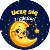 Wzór: Przypinka Uczę Się z Radością Księżyc w Okularach – grafika z napisem Uczę się z radością!