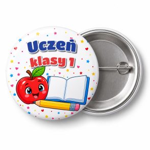 Przypinka Uczeń Klasy 1 Jabłko i Zeszyt: przypinka na pasowanie pierwszoklasisty z napisem Uczeń klasy 1 – przód i aluminiowy tył z agrafką