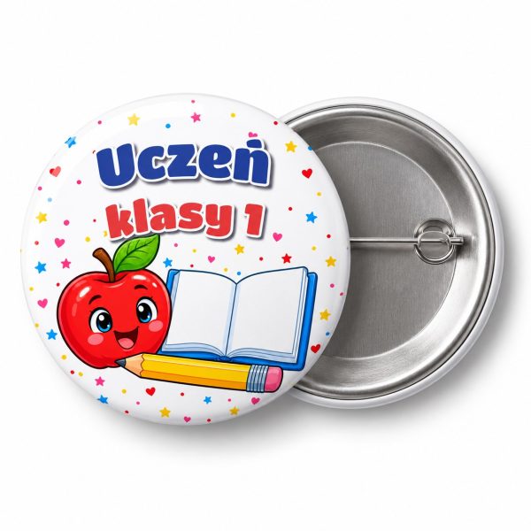 Przypinka Uczeń Klasy 1 Jabłko i Zeszyt: przypinka na pasowanie pierwszoklasisty z napisem Uczeń klasy 1 – przód i aluminiowy tył z agrafką