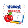 Wzór: Przypinka Uczeń Klasy 1 Jabłko i Zeszyt – grafika z napisem Uczeń klasy 1