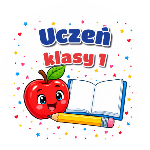 Wzór: Przypinka Uczeń Klasy 1 Jabłko i Zeszyt – grafika z napisem Uczeń klasy 1