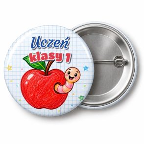 Przypinka Uczeń Klasy 1 Kredkowe Jabłko: przypinka na pasowanie pierwszoklasisty z napisem Uczeń klasy 1 – przód i aluminiowy tył z agrafką