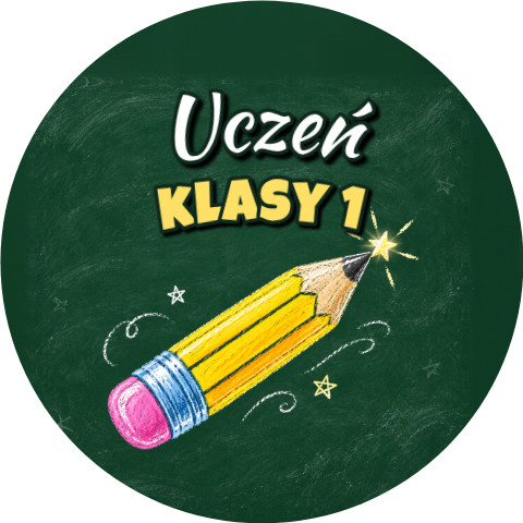 Wzór: Przypinka Uczeń Klasy 1 Kredowy Ołówek – grafika z napisem Uczeń klasy 1