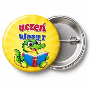 Przypinka Uczeń Klasy 1 Krokodylek: przypinka na pasowanie pierwszoklasisty z napisem Uczeń klasy 1 – przód i aluminiowy tył z agrafką