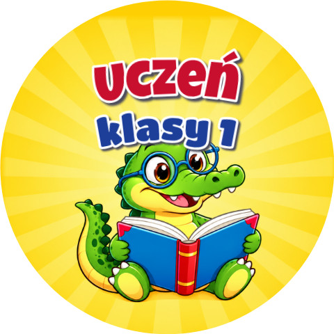 Wzór: Przypinka Uczeń Klasy 1 Krokodylek – grafika z napisem Uczeń klasy 1