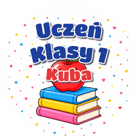 Wzór: Przypinka Uczeń Klasy 1 z Imieniem Jabłko na Książkach – napis Uczeń Klasy 1 i pole imię