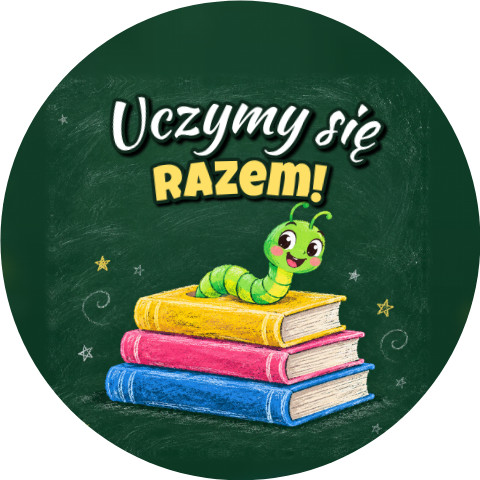 Wzór: Przypinka Uczymy Się Razem Książki z Moliem – grafika z napisem Uczymy się razem!
