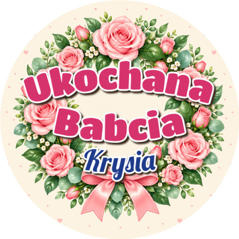 Wzór: Przypinka Ukochana Babcia w Wianku – napis Ukochana Babcia i pole imię na pastelowej grafice