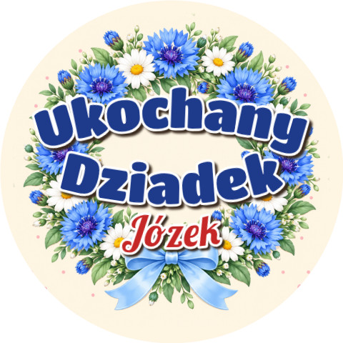 Wzór: Przypinka Ukochany Dziadek w Wianku – napis Ukochany Dziadek i pole imię na pastelowej grafice