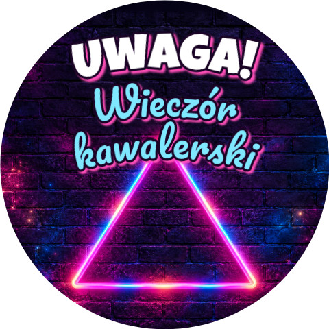 Wzór: Przypinka Uwaga Wieczór Kawalerski Neonowy Trójkąt – grafika z napisem Uwaga! Wieczór kawalerski