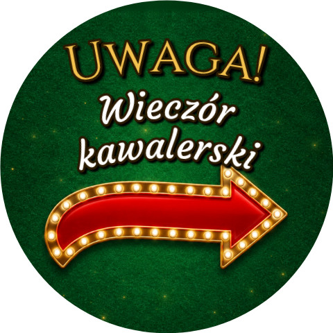 Wzór: Przypinka Uwaga Wieczór Kawalerski Strzałka Vegas – grafika z napisem Uwaga! Wieczór kawalerski