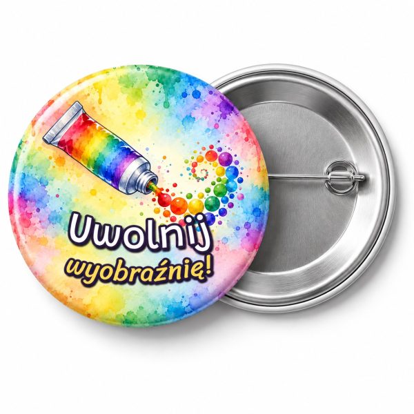 Przypinka Uwolnij Wyobraźnię: przypinka na Dzień Kropki z napisem Uwolnij wyobraźnię! – przód i aluminiowy tył z agrafką