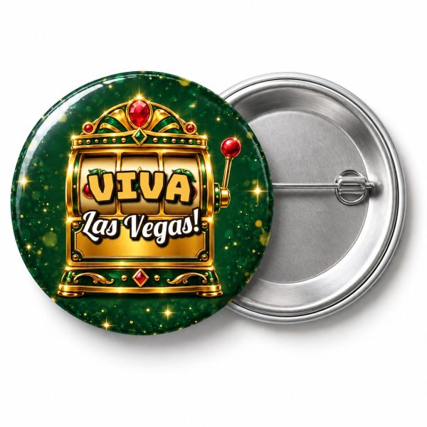 Przypinka Viva Las Vegas: przypinka na Sylwestra z napisem Viva Las Vegas! – przód i aluminiowy tył z agrafką