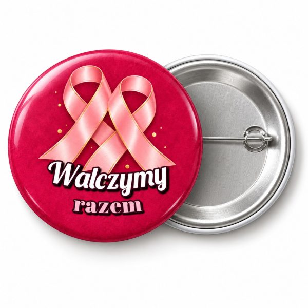 Przypinka Walczymy Razem: przypinka na Różowy Październik z napisem Walczymy razem – przód i aluminiowy tył z agrafką