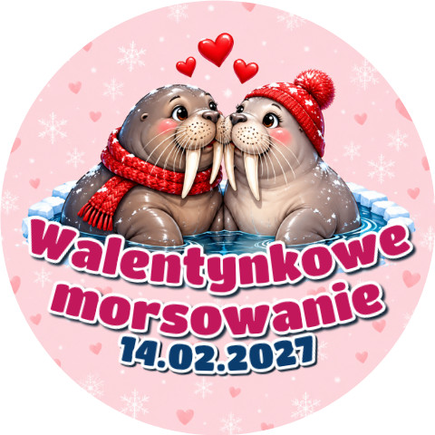 Wzór: Przypinka Walentynkowe Morsowanie z Datą – napis Walentynkowe morsowanie i pole data na zimowej grafice